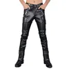 Idopy Men`s Pleather Pants Punk Style Skinny Lace Up Party Stage Performance Night Club Steampunk Faux PU Leather Trousers 220325