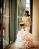 Stock Mermaid Ruffles Wedding Dresses Bridal Gown Long Sleeves Lace Applique Beaded Tiered Skirt Organza Custom Made African Plus Size Vestido De