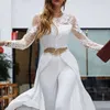 Abito da sposa elegante a maniche lunghe Tute con strascico 2022 Appliques in pizzo Abiti da ricevimento nuziale Gioiello Collo Elopement Pantaloni Tute Abiti da doccia sposa avorio