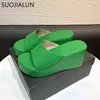 SUOJIALUN 2022 Summer Fashion Green Women Slipper High Wedges Platform Sandal Shoes Ladies Peep Toe Slip On Outdoor Beach Slides 220627