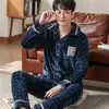 2020 Dikke Dikke Warm Blue Flanel Pyjama Sets voor mannen Lange mouw Coral Velvet Sleepwear Suit Loungewear Huiskleding Huiskleding LJ201112