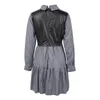 Casual jurken 2023-stijl vrouwen mode shirt jurk dames pu lederen patchwork hoge taille lange mouw plus size s-xxl