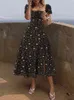 Celmia 2022 Women Summer Floral Print Dress Elegant Square Collar Sundress Bohemian Short Puff Sleeve Sweet Split Holiday Robe Y220401