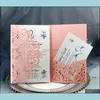 Gratulationskort Event Party Supplies Festive Home Garden Newlace Wedding Invitations FL Set Laser Cut Hollow Out Tri-Fold Pocket ER Engagem