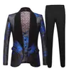 Costume Jacquard pour hommes Hommes Bleu Marine Imprimé Floral Mode Costumes Décontractés Dernier Manteau Pantalon Conceptions De Mariage Marié Costume De Scène T200303