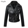 Fitaylor Black Faux Leather Jacket Women Spring Autumn Jackets de couro PU curtos com zíper de cinto Moto Biker Casat 210923