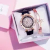 نساء STARRY SKY Watch Luxury Rose Gold Diamond Watch Ladi Ladi Leather Band Quartz Wristwatch Female Clock Zegarek Damskip8pj