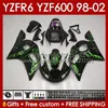 Zestaw ciała dla Yamaha YZF R6 R 6 98-02 YZFR6 98 99 00 01 02 Bodywork 145NO.105 YZF 600 cm3 YZF-600 Ramka YZF-R6 YZF600 600CC 1998 1999 2000 2001 2002 ABS Fairings Green Flames