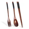 3pc set di stoviglie portatili bacchette cucchiai forchetta fatti a mano giapponese cucchiaio di legno naturale forchette bacchette set 376 D3