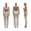 Women Sexy Two Piece Pants 2 Piece Outfits Halter String Tassel Triangle Bikini Top Crochet Fringe Pant Set Jumpsuit Cover Up Clubwear