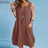 Vintage solide Robe d'été femmes plage Robe d'été ZANZEA décontracté sans manches longueur au genou Vestidos femme bouton Robe 220521