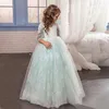 2022 Adorable robe de bal bleue robes de fille de fleur princesse pure manches longues appliques bijou cou dentelle enfant en bas âge robes de fête d'anniversaire