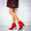 Botas de tornozelo mulheres saltos altos de grossa ponta pontual de cowboy western shoes de couro azul vermelho verde para senhora Tamanho do outono 43 Y220706