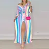 Casual Dresses Autumn Women Elegant Print V Neck Button Shirt Long Dress Lady Stripe Loose Sleeve Sexy High Slit Party Maxi DressesCasual