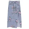 Ropa de calle, faldas vaqueras largas con estampado de flores Vintage, faldas vaqueras largas de verano de cintura alta, ajustadas, sexis, abiertas, falda recta, pantalones vaqueros para mujer 220317