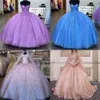 ترتر البريق Vestidos de 15 Anos 2022 فستان Quinceanera منتفخ مع رأس الباسك الحلو 16 فستان الطويل الطويل عباءة الحبيب الدانتيل البالجاون الذهب الأزرق أرجواني