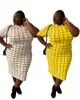 Plus Size Dresses 4XL Women Dress O Neck Short Sleeve Mid Calf Robes Summer Plaid Print Street Style Casual Oversize T Shirt