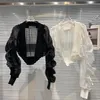 Nova moda feminina verão drapeado manga longa perspectiva sexy tecido gaze cardigã curto casaco jaqueta capa protetor solar
