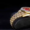 MISSFOX Herrenuhr mit römischen Ziffern, rotes Zifferblatt, große Diamantlünette, goldene Herrenuhr, Edelstahl, modische, luxuriöse Herren-Quarzuhr