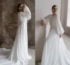 White Chiffon Scoop Long Sleeves A-Line Wedding Dresses 2022 Chapel Train Custom Made Bridal Gowns Vestidos De Noiva Simple