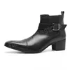 Inverno Black Square Toe Business Sapatos de salto médio Party Festa formal botas curtas Men fivela de couro de tornozelo de tornozelo plus size