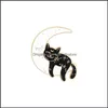 Pinsbrooches Jewelry Moon Black Gato Broches Pin para mujeres Camisa de moda de moda Broche Demin Metal Pins Insignias Promoción Dhx2l