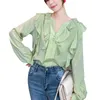 Damenblusen Hemden Frauen Chiffonbluse Rüschen Langarm V-Ausschnitt Lose Frühling Sommer Grün Weiß Tops Damen Plus Size Koreanische Bluse