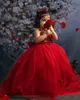 2022 Härliga blommaflickor klänningar för bröllop juvel hals tyll handgjorda blommor ärmlös stor båge mörkröd prinsessa barn födelsedag flicka tävling klänningar