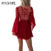 Kvinnor A Line Dress Short Mini Dress White Black Red Long Sleeve Solid Color Ruffle Patchwork Chiffon Spring Summer Slim V Neck 220811