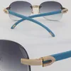 Ny 1164 Två mikrobelagd diamantuppsättning Rimless Blue Wood Womans Solglasögon 3.0 Tjocklek Objektiv Trä Rocks Frame Man och Kvinna Solglasögon Mens 18K Guldramar Storlek: 60