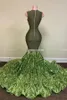 2022 Sexy Sparkly Lantejoulas Azeite Verde Sereia Africano Prom Vestidos Preto Meninas Jóias Ilusão de Garganta Longa Graduação Vestido Plus Size Formal Lantejoulas Vestidos de Noite