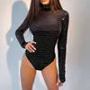 Casual Jurken Hirigin Bling Glitter Vrouwen Lange Mouwen Coltrui Bodysuit Skinny Sexy Streetwear Party Club Festival 2022 Herfst Winter Bod