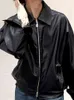 ラウタロ春秋の短い特大のカジュアルクールな茶色のブラックフェイクレザージャケット女性用ドロップショルダー長袖ジッパーl220801