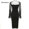 Showmirror Spring Sexy Mesh See Through Mini Dress Elegant Fashion Outfits Tie Up Long Sleeve Club Party Cut Out Dresses 220510