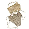 Maillot de bain pour femme Femme Une épaule Beige Patchwork Évider Tie-up 1 pièce Maillot de bain S/ M/ L