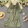 Woherb Chic elegante cuello cuadrado Maxi vestido mujeres sólido gasa Puff manga Vestidos 2022 moda coreana Vintage Ruffle Vestidos 220316