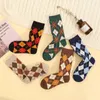 Women Socks & Hosiery Pairs/Lot Autumn Vintage Argyle Lattice Cotton Preppy Style Happy Casual Deodorant Female High QualitySocks