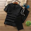 Men's Tracksuits Summer Fashion Men's Cotton And Linen Short Sleeve Shorts Set Suit Tracksuit Blue Buttons For Men Mens Vest Jacket SetM