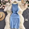 Neue Taste Details Ärmelloses Strick Bodycon Kleid Frauen Sommer Elegante Stretchy Kleid Vintage Solide Kleid Y220413