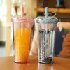 520ml Tumbler with Straws Double Layer Leakproof Milk Coffee Glitter Water Bottles