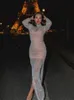 Euphoria Mesh Shinny Maxi Dress Women paljetter Fullärmad sida Split Club Party Evening Summer Dresses Woman 2022 Sexig Vestido T220816