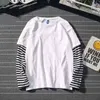 T-shirt z długimi rękawem męskie w paski Fałszywy dwuczęściowy trend mody japońsko-męski koszulka All-Match wiosna i jesienne koszulki T220808