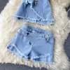 Kvinnors träningsdräkter Kvinnor Summer Fashion 2 Piece Set Tassel Strapless Jeans Topps+ Shorts Set Chic Design Woman Denim Short Pants Suit Outfit W220322