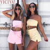 Yiciya Women Women Summer Strapless Crop Festival Top+Shorts 2 Peças Conjunto de Tie Amarelo Rosa Capuz Casual Roupa Solid Comfort Lounge Conjunto 220511
