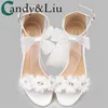 sandali womem scarpe da sposa bianche estate elegante pizzo Bowknot una parola cinturino fiore bianco croce con punta nuda tacco spesso nuovo Y200111