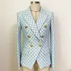 Street High Est Designer Jacket Dames Slim Fit Lion Buttons Dubbele borsten Tweed Plaid Blazer 220402