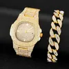 Men Luxury Hip Hop Iced Out Gold Watch With Chain Chain Quartz Square Bracelet Set para mulheres Reloj Mujer45bn