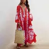 Kobiety vintage boho w stylu plus rozmiar głębokiego v szyja Lantern Long Rękaw etniczny kwiatowy nadruk luźna długa sukienka L220705