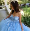 Niebieskie sukienki z Quinceanera Sky Sukienki Ukochana w kształcie dekoltu koronkowa aplikacja Słodka przyjęcie urodzinowe suknia balowa