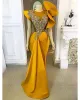 Storlek plus arabisk aso ebi gul sjöjungfru stilfulla prom klänningar spetspärlade kristaller kväll formell parti andra mottagning brudtärna klänningar klänning